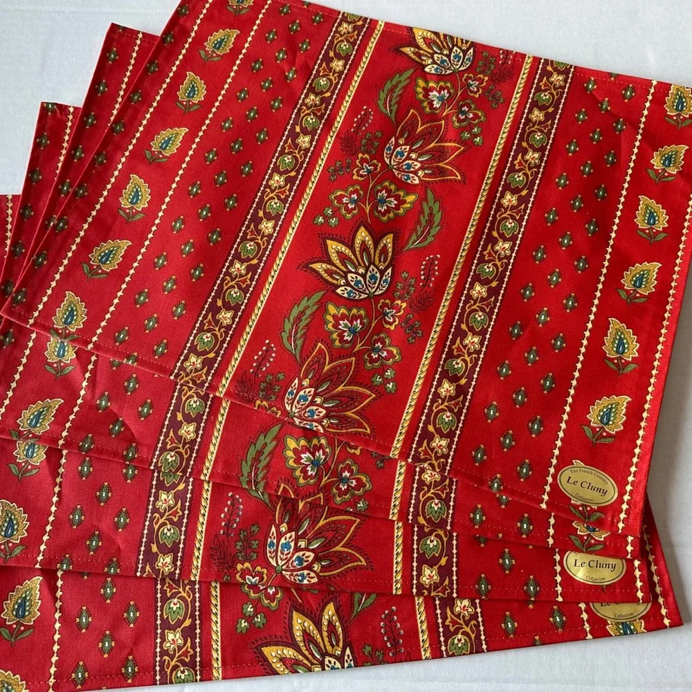 Le Cluny French Country Red Floral Stripe Treated Placemats Set of 4 Reversible